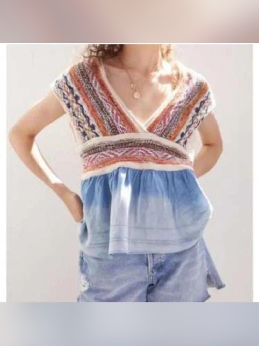 Pilcro Multicolor Knit V-Neck Top with Light Blue Peplum